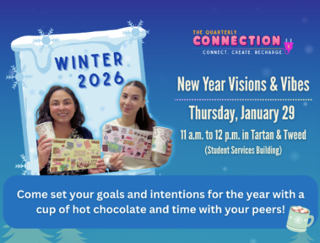 Poster showing two smiling young women with coffee cups. It advertises a Winter 2026 activity "New Year Visions & Vibes."