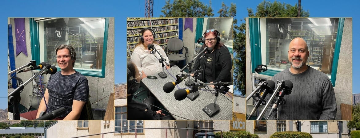 Three photos of faculty members in front of microphones smiling, superimposed over a photo of the KUCR radio building