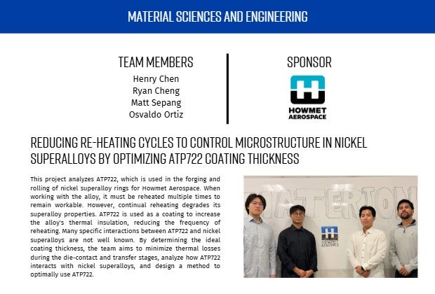 A screenshot from the program for the senior design showcase, highlighting Material Sciences & Engineering students and their partnership with Howmet Aerospace to work on reducing re-heating cycles.
