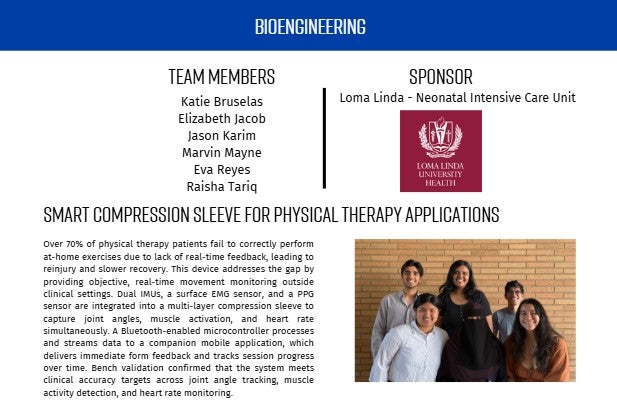 A screenshot from the program for the senior design showcase, highlighting Bioengineering students and their partnership with Loma Linda Neonatal ICU to work on smart compression sleeves.