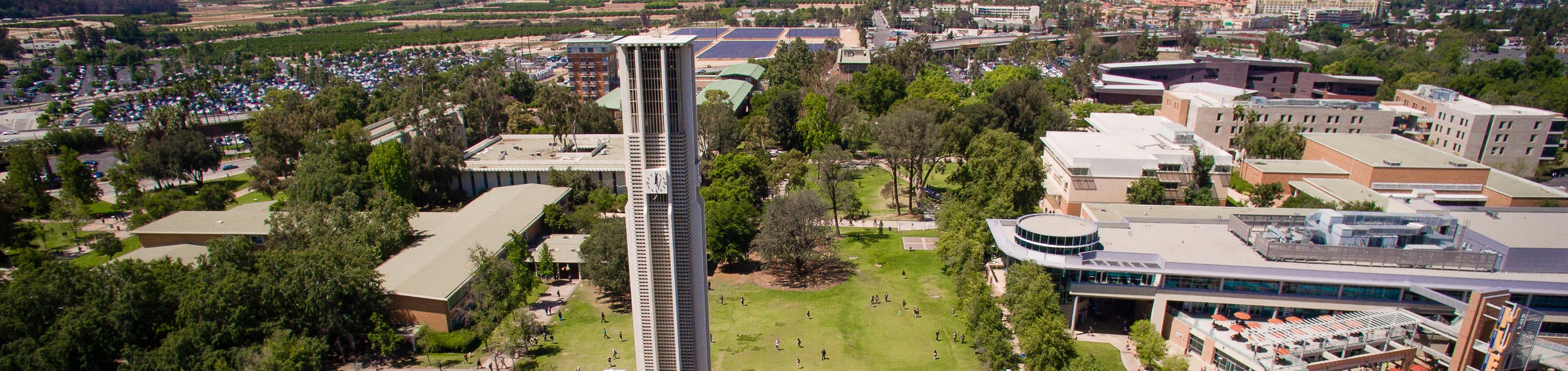 View of UCR from above with the Bell Tower in the center and blue skies